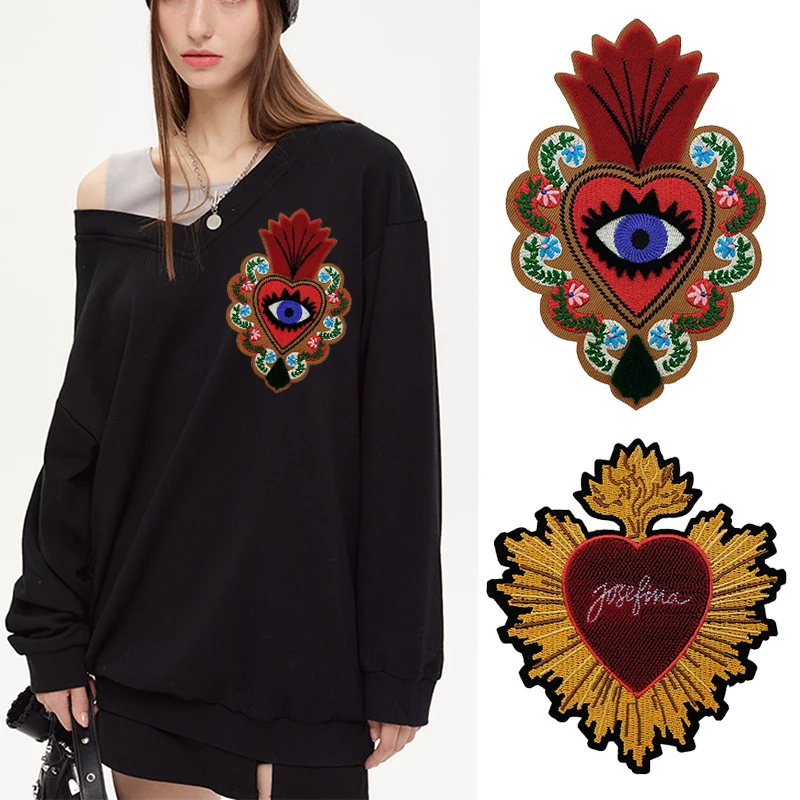 New Embroidery Flower Conflagration Love Heart Eyes Patches Iron on For Jackets Loose Coat Clothing Accessories