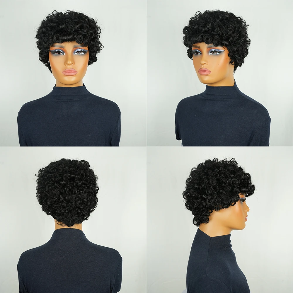 Loose Wave Pixie Cut Wig Brazilian Human Hair Short Curly Wigs with Pre Plucked Bangs for Women Machine Made Cap Ready to Wear