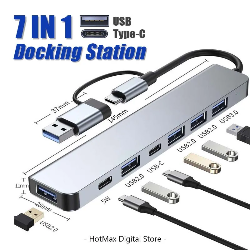 Station d'accueil 7 en 1 USB2.0 type-c, double connecteur, extenseur d'ordinateur, Hub multi-interface Compatible Windows MacOS Linux Android