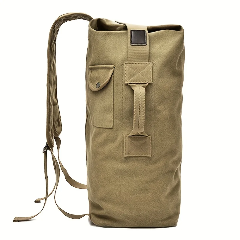 Large Capacity Khaki Canvas Backpack for Men - Adjustable, Lightweight, Foldable Travel， Durable Polyester Lining