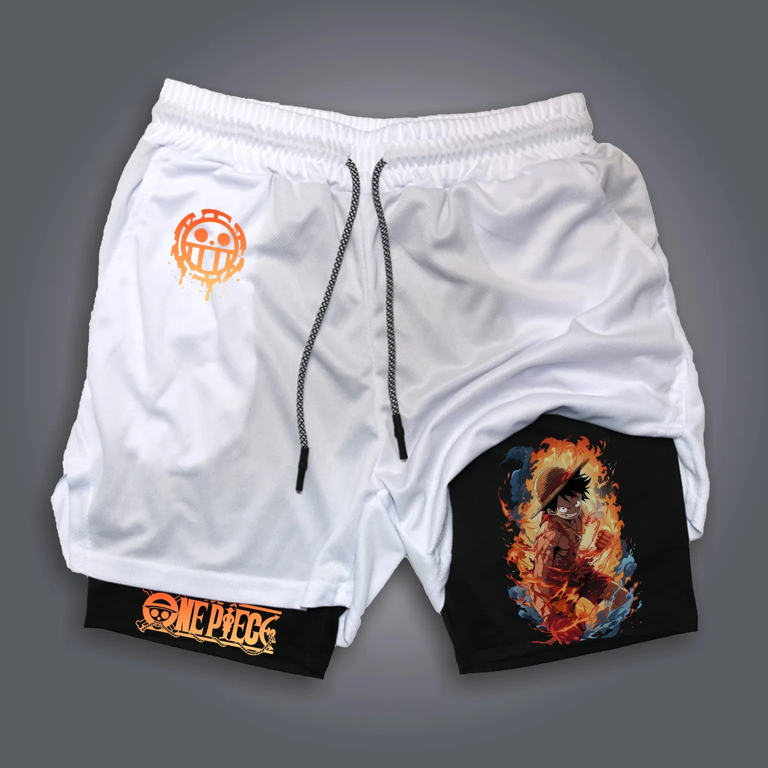 Uma peça anime luffy sauron periférico impresso shorts duplos masculino 2025 verão americano solto esportes calças respiráveis