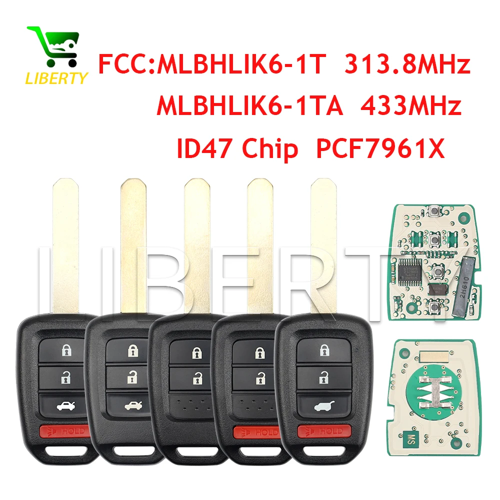 20PCS MLBHLIK6-1T/MLBHLIK6-1TA For Honda City XRV CIVIC ACCORD CRV HRV Fit Jazz Car Remote Key 313.8MHz / 433MHz ID47 Chip Fob