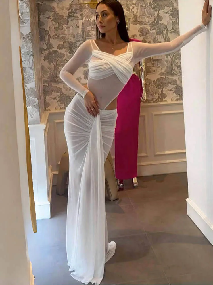 

Oniflyme See Through 2 Piece Set Women Sexy Long Sleeve Bodysuit Tops Draped Ruched Maxi Skirts Partywear Lady Matching Outfits