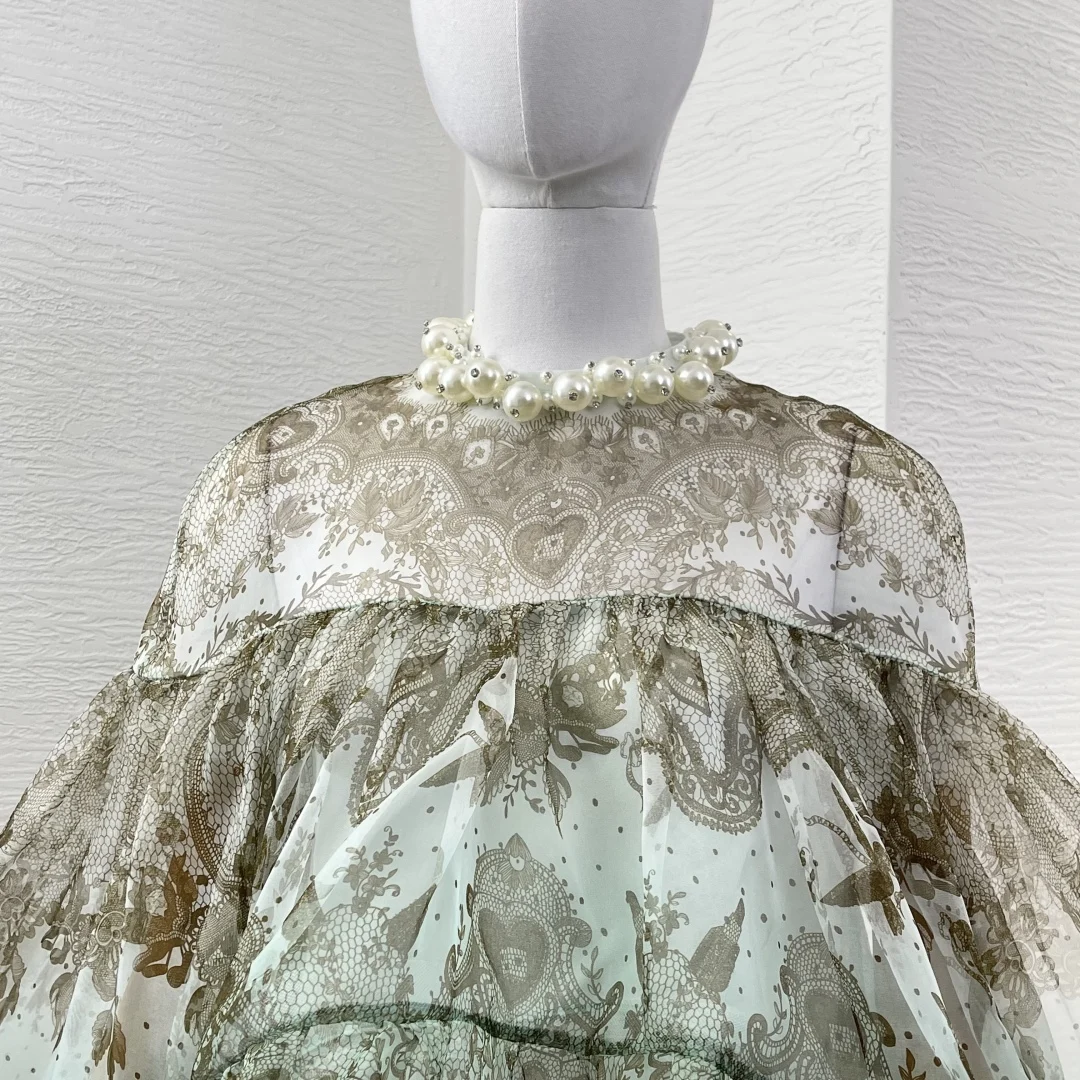

Spring Summer 2025 New Pure Silk Mint Green Pearl Irregular Hem Ruffles Tops and Irregular Hem Skirt Set Outfit