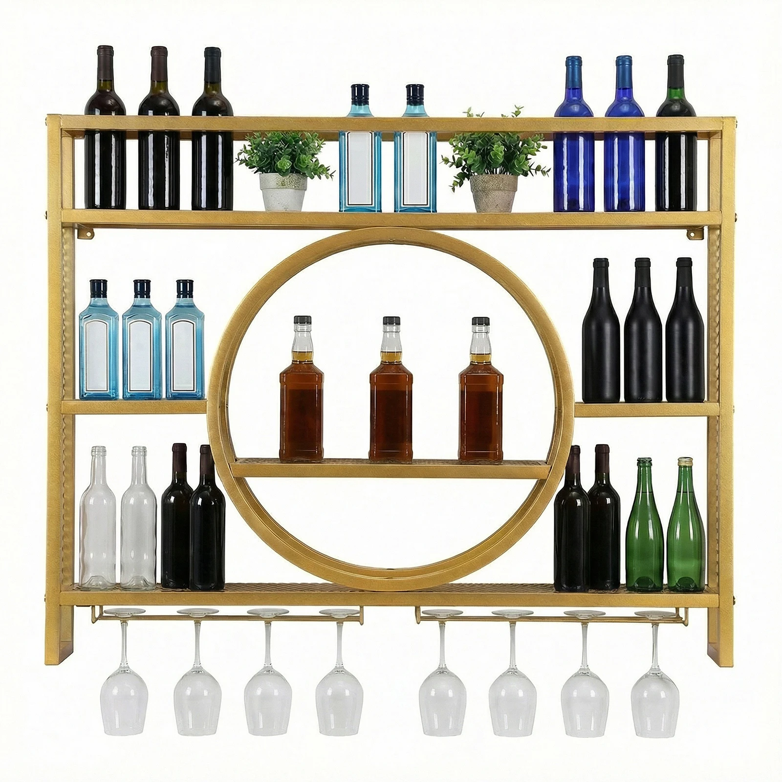 

Liquor Bottles Bar Shelves Metal Wine Rack Wall Mounted 3 Tier with LED Light with Wine Glass Holder for Home Bar Dining Room