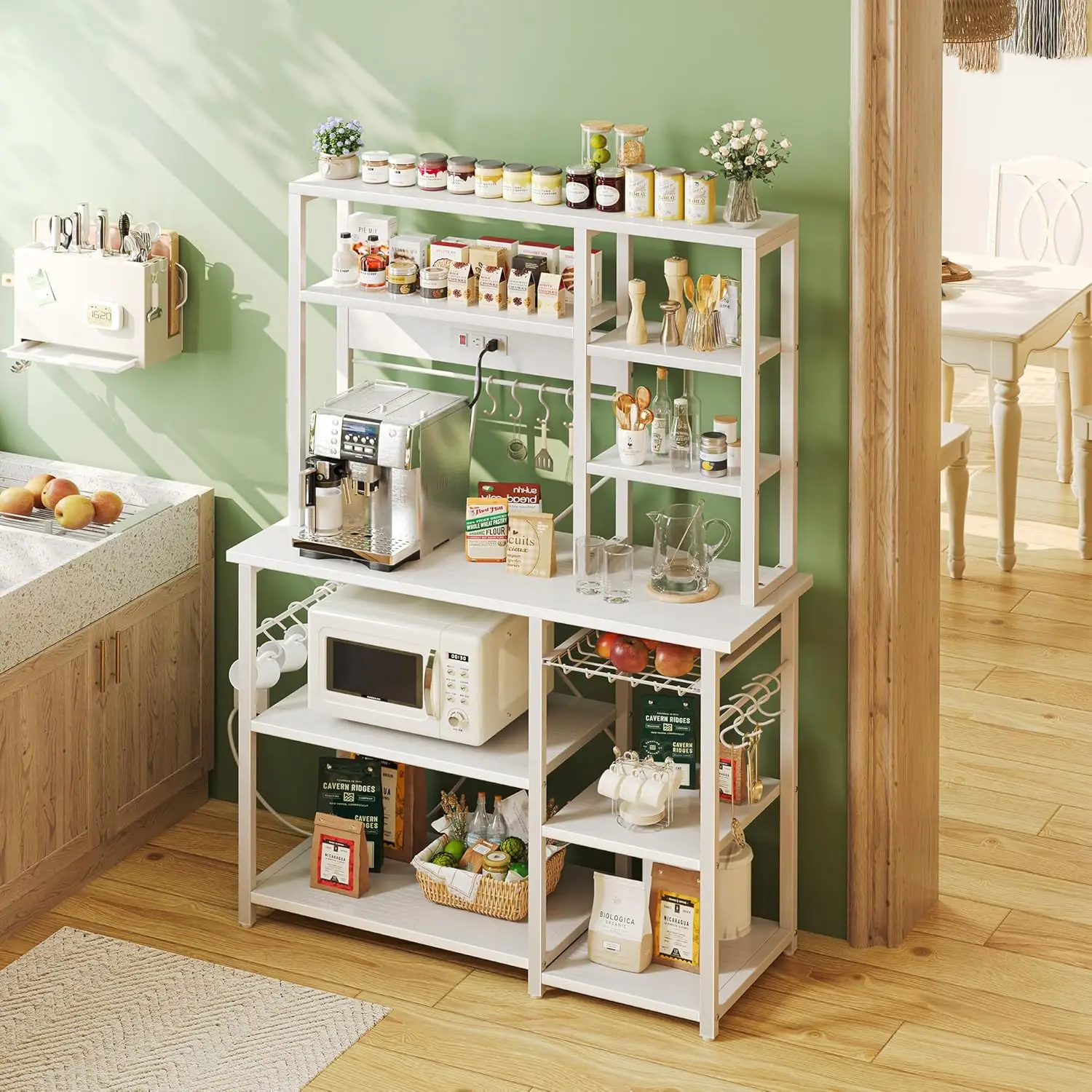 Large Bakers Rack with Power Outlets, 6-Tier Microwave Stand, Coffee Bar with 12 S-Shaped Hooks, Kitchen Shelf with Wire Basket