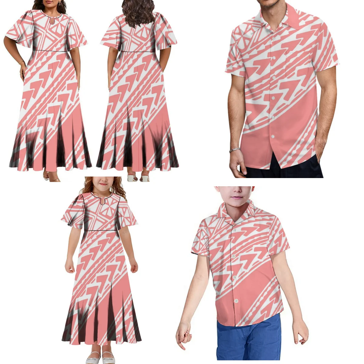 

Adult Children Family Set Custom Tapa Polynesian Tribe Design Samoan Dress Women Half Sleeve Pink Evening Dress Men Casual Shirt