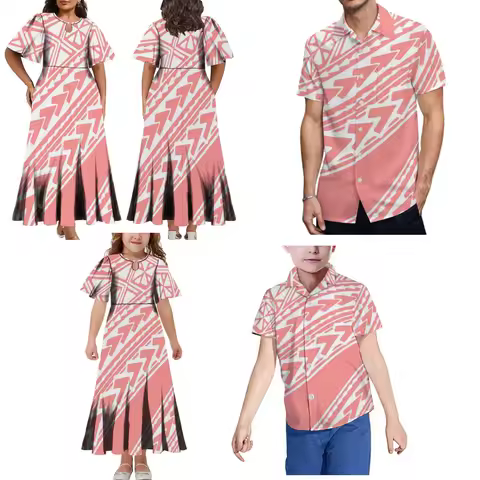 Adult Children Family Set Custom Tapa Polynesian Tribe Design Samoan Dress Women Half Sleeve Pink Evening Dress Men Casual Shirt