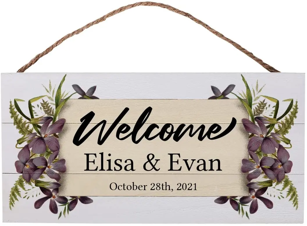 Brands Personalized Wedding Welcome Sign for Reception Decor - Custom Names Wooden Plank Floral Decor Sign (13.75 x 7)