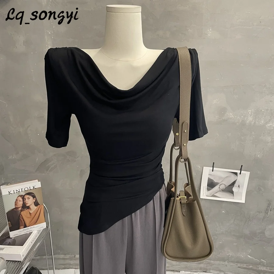 Lq_songyi-camisetas de manga corta con cuello plisado para mujer, Tops Pop coreanos, Top alto Irregular para mujer, camiseta elegante ajustada 2024