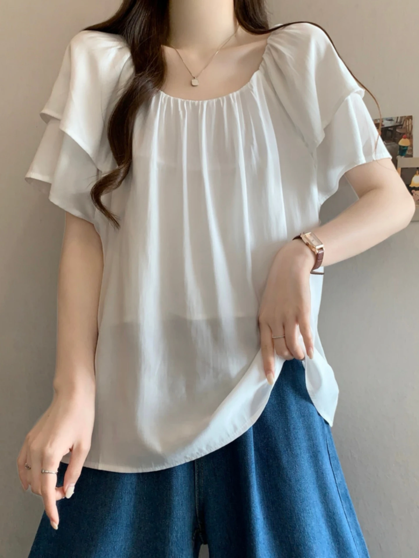 

Slimming Design Short Sleeve Square Collar Base Shirt Women's Summer 2026 plus Size Fashionable Breathable Korean Style Top
