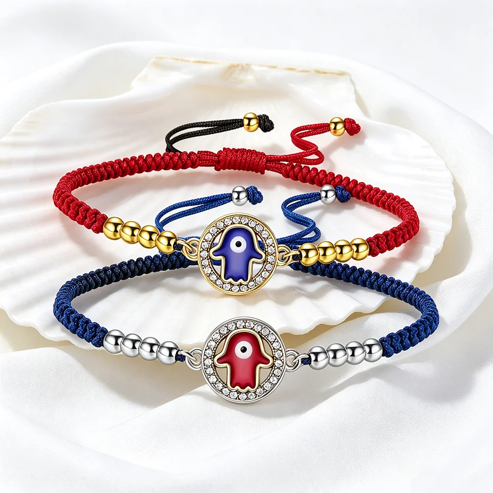 Hamsa Hand Evil Eye Pendant Bracelet Rhinestone Enamel Hamsa Palm Charm Adjustable Bracelet Lucky Protection Amulet Jewelry