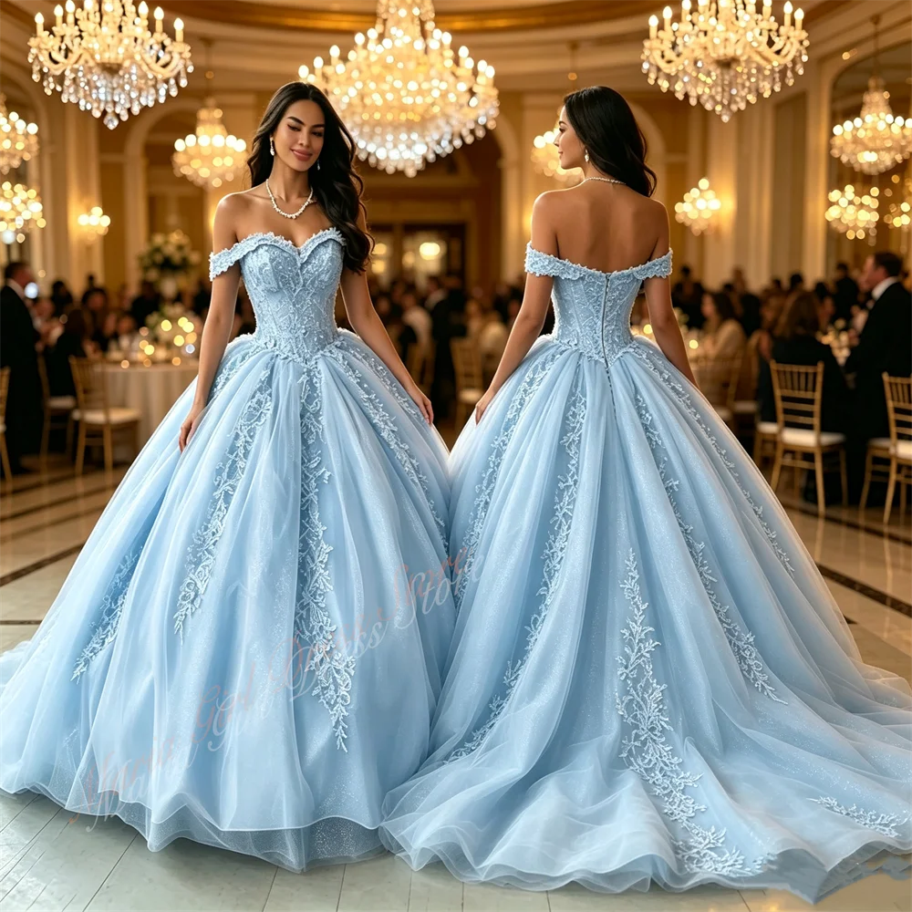 Prom Wedding Party Light Blue Dress Fluffy Off-shoulder Princess Style for Girls First Communion Banquet Evening Gown