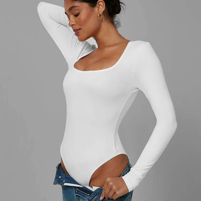 

Новинка 2026: Женское сексуальное облегающее боди с длинным рукавом, квадратным вырезом, эластичное, бесшовное, с эффектом утяжки талии