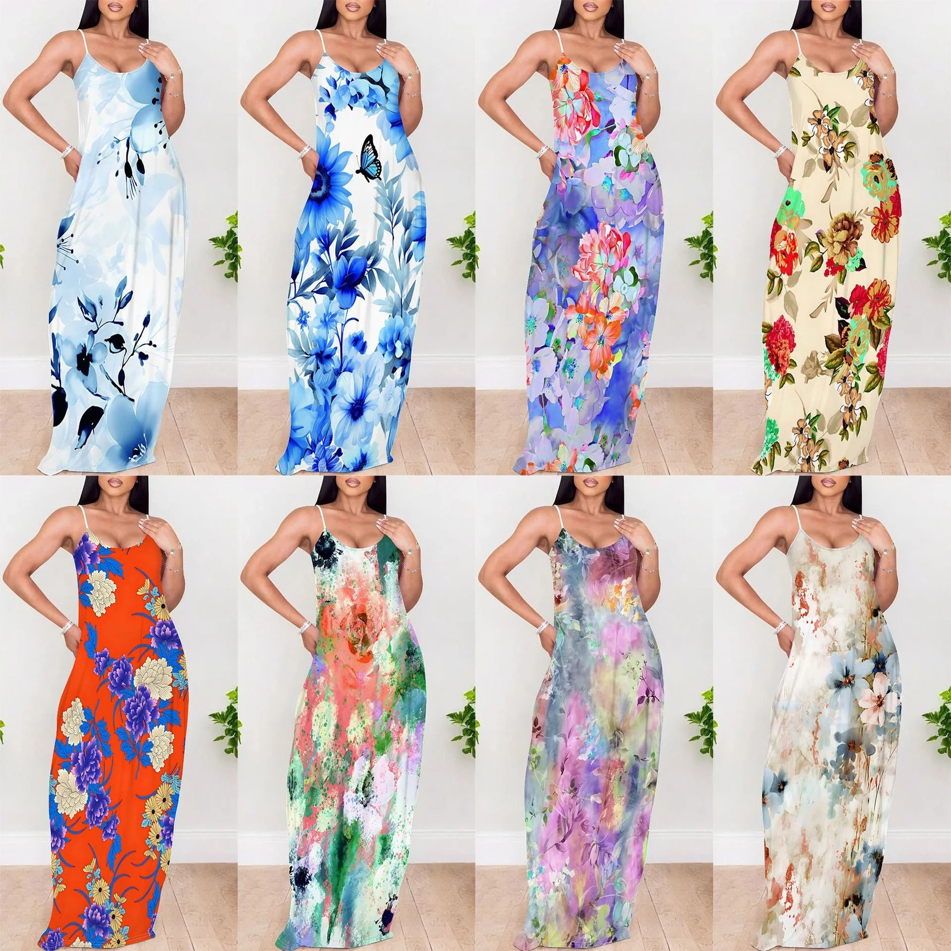

Pullover Sexy V Neck Short Sleeve Loose Long Dress For Women Fashion Printed Summer Beach Party Casual Maxi Dresses