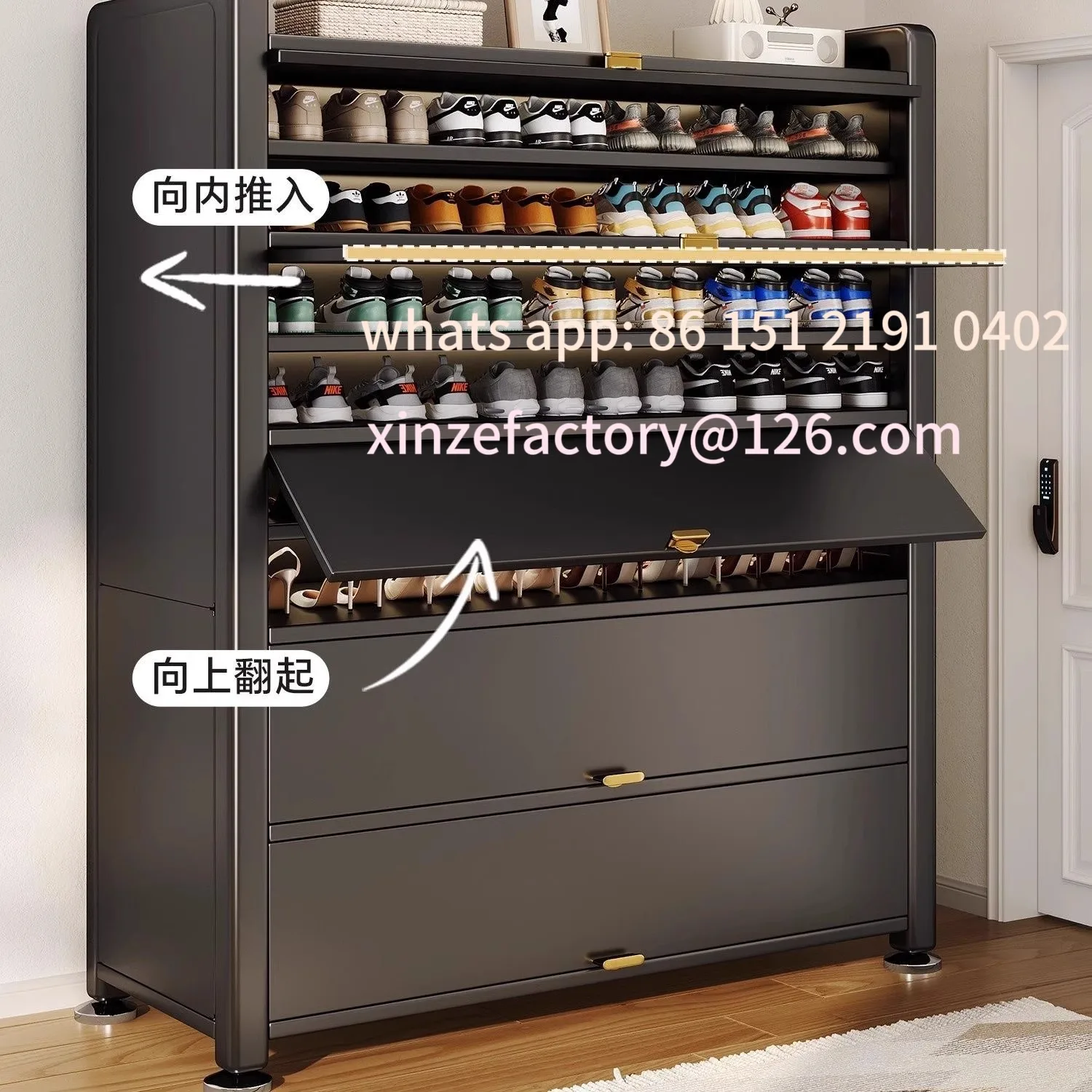Customizable steel shoe cabinet with door, entrance cabinet integrated against the wall, large-capacity multi-functional locker