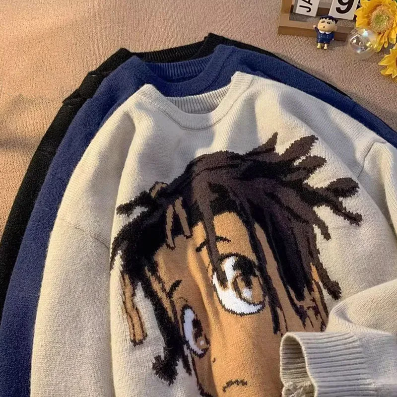 

Loose Fit Men's Knitwear Japanese Sle Sweater Warm Base Layer Cartoon Print Outerwear Coat for Autumn Winter plus Size