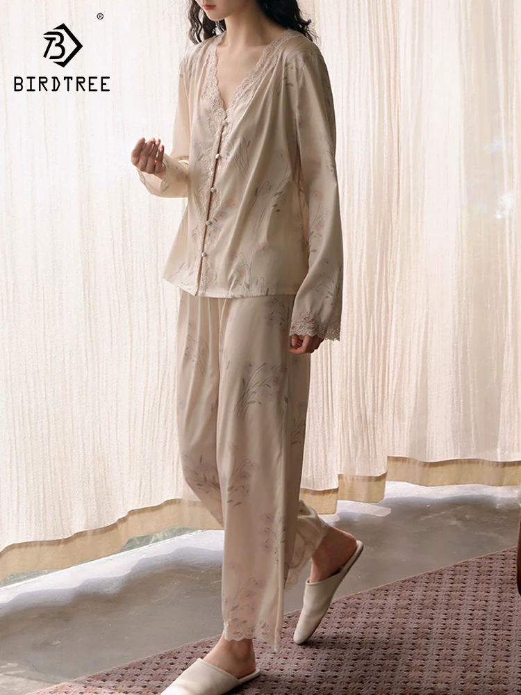 BirdTree, 90%Natural Silk French Pajamas Set, Women Long Sleeve Lace, Sexy Casual Long Pants Homewear, Summer Autumn S480108QC