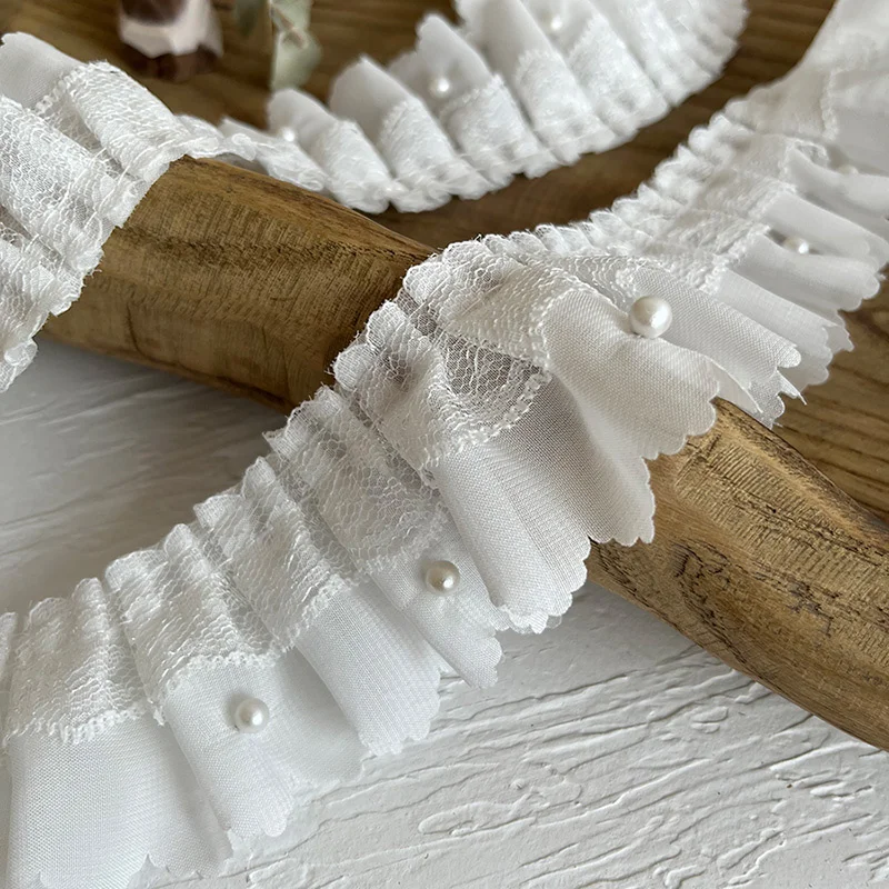 6CM Wide White Chiffon Pleated Fabric Ruffle Frilled Ribbon Beaded Fringe Lace Edge Trim Wedding Dress Collar DIY Sewing Decor