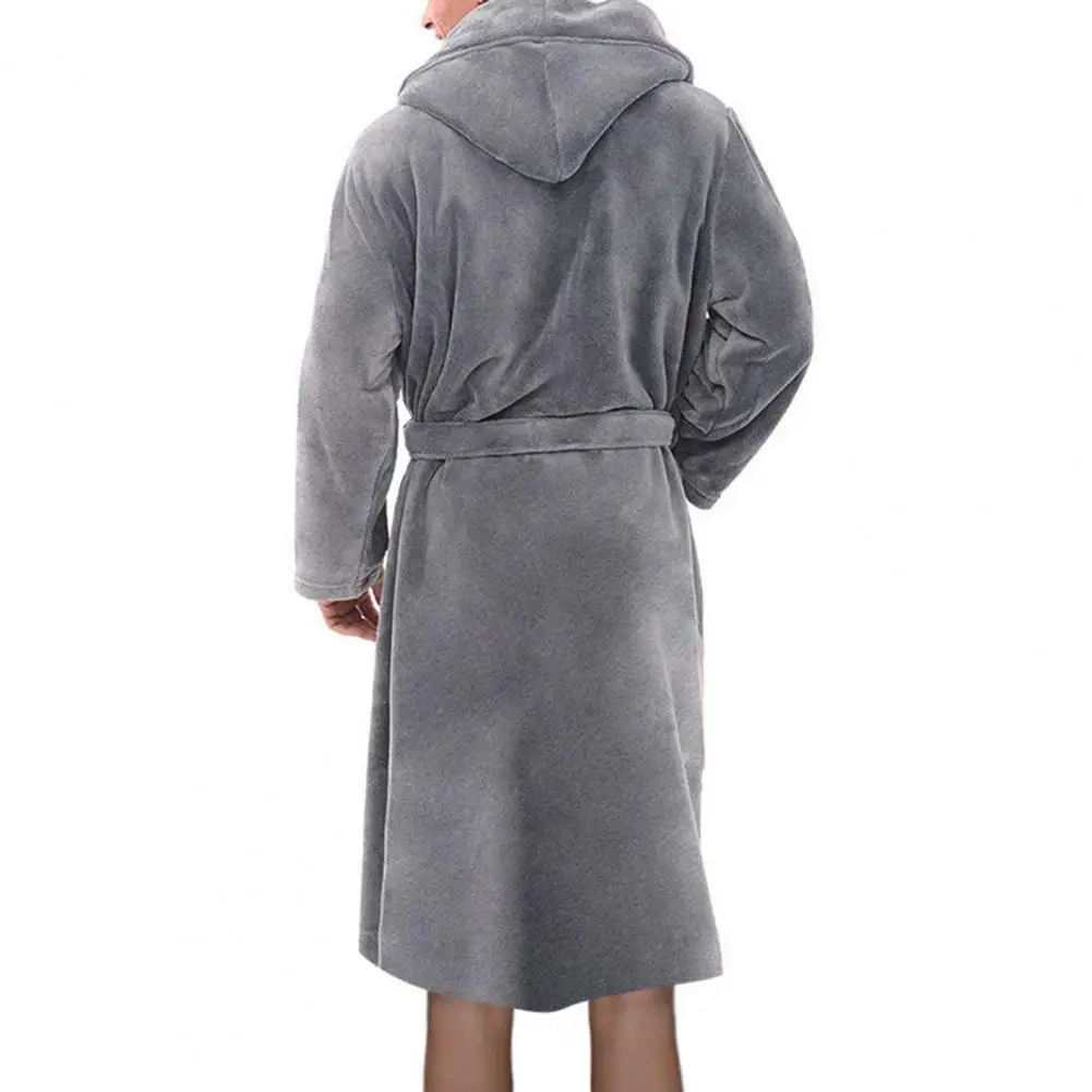 Solid Color Belt Flannel Bath Robe Hooded Pockets Warm Men Nightgown Pajamas Robe Long Thick Absorbent Terry Bath Home Clothes