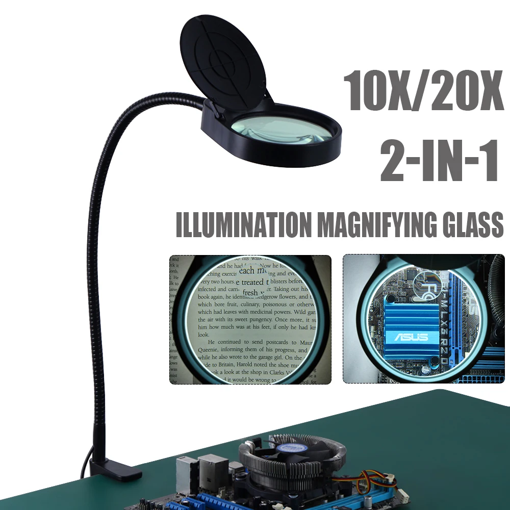 10X/20X Magnifying Glass Lamp Foldable With Base Adjust LED Lights Reading Table Lamp for Soldering Holder Welding Repair Tool