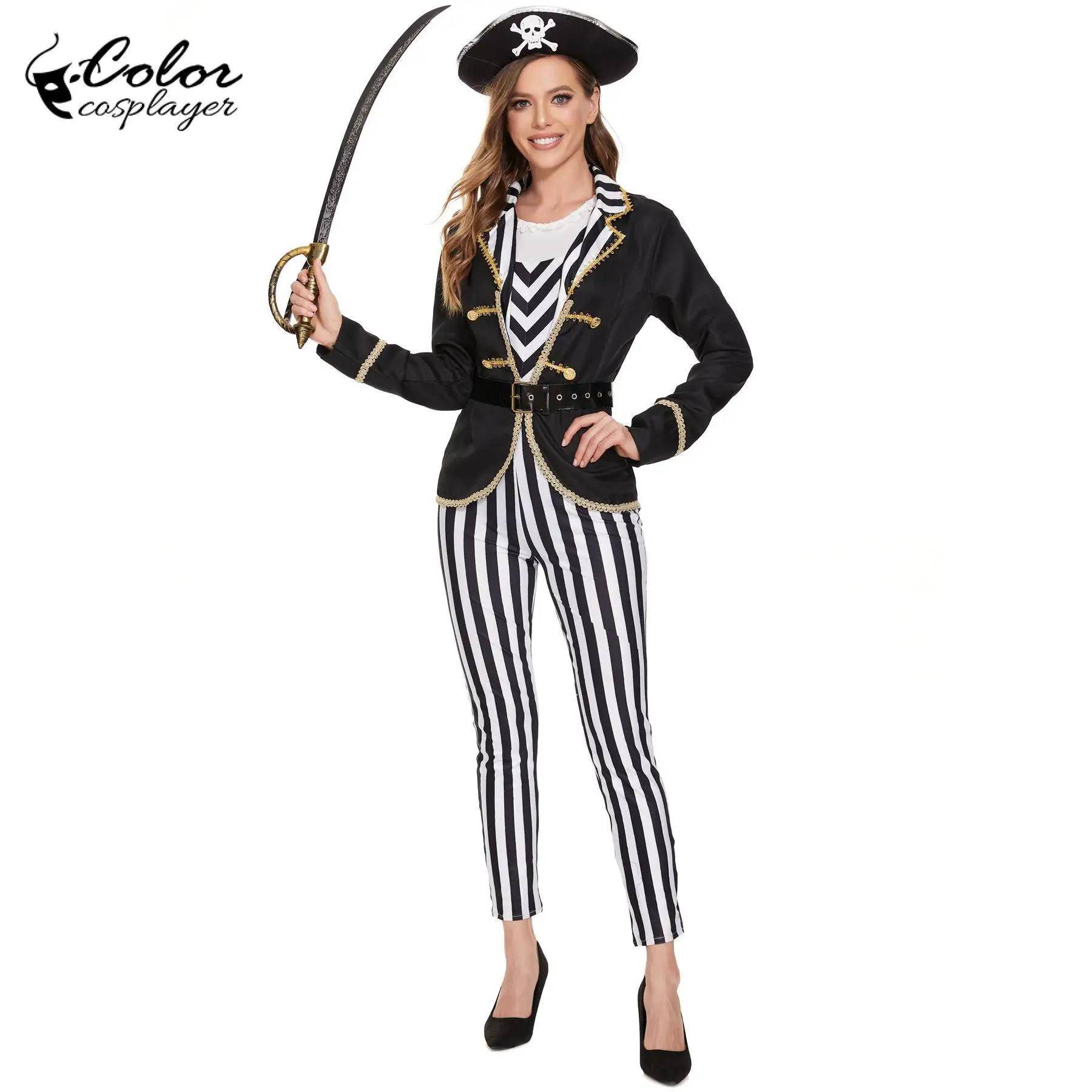 

Color Cosplayer Women Pirate Costume Captain Cosplay Costume Skipper Set Carnival Black Outfit Vintage Medieval Jacket Purim