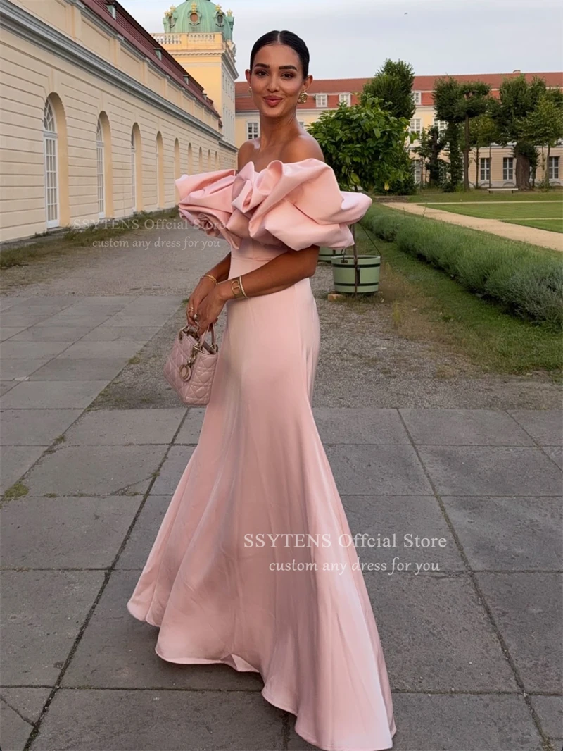 SSYTENS ชุดราตรีสีชมพูหรูหรา ชุดราตรีทรงเมอร์เมดแบบเปิดไหล่ ชุดราตรีจับจีบแบบรูช ชุดออกงานทางการ ชุดงานเลี้ยง สามารถสั่งตัดได้