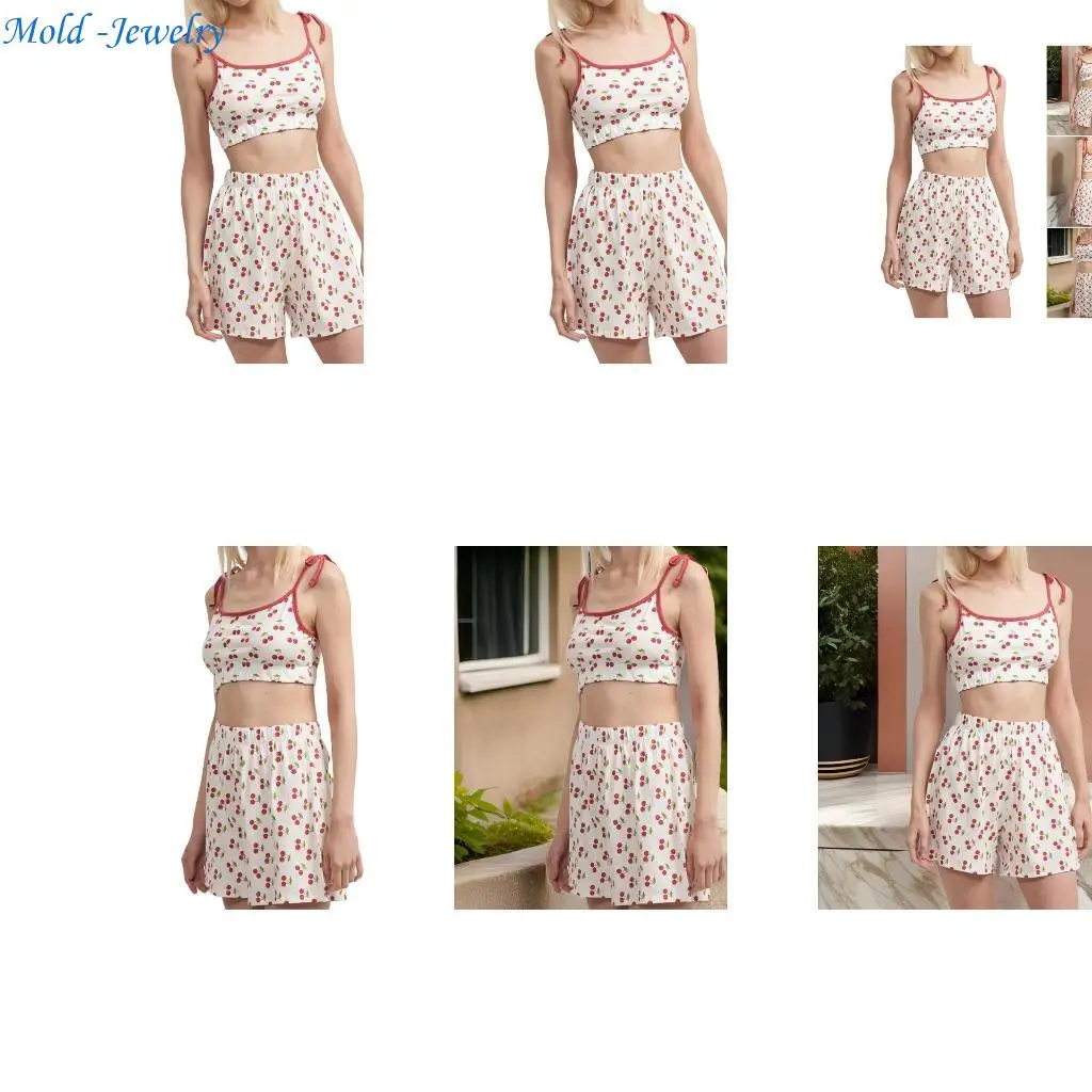 

69HB 2 Piece Set Cherry Print Tie Strap Cami Top Pajama Shorts Loungewear for Women