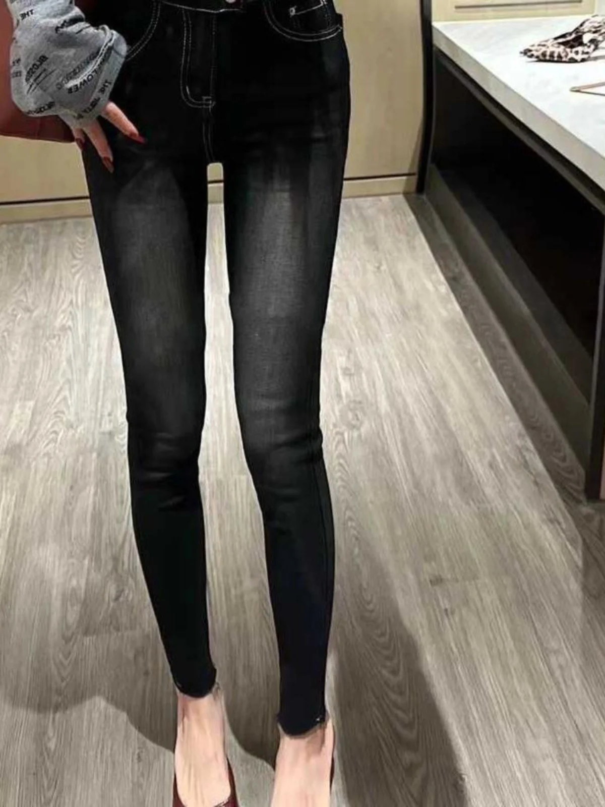 

High Waist Bla Faded Denim Jeans Women's Slim Fit Elastici Pencil Pants Korean Sle Casual Cotton Stretch Denim