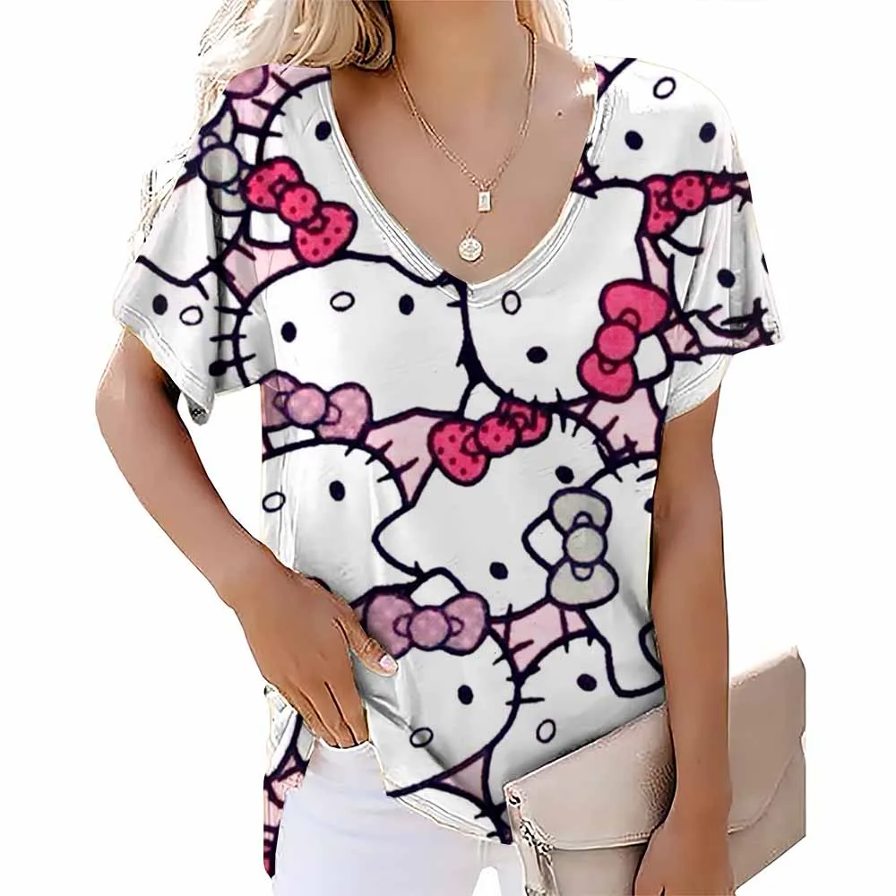 Oversize Women's V-Neck Short Sleeve T-Shirts Hello Kitty Printed Summer Clothing Cartoon Cat Woman Tshirts 2024 New Streetwear