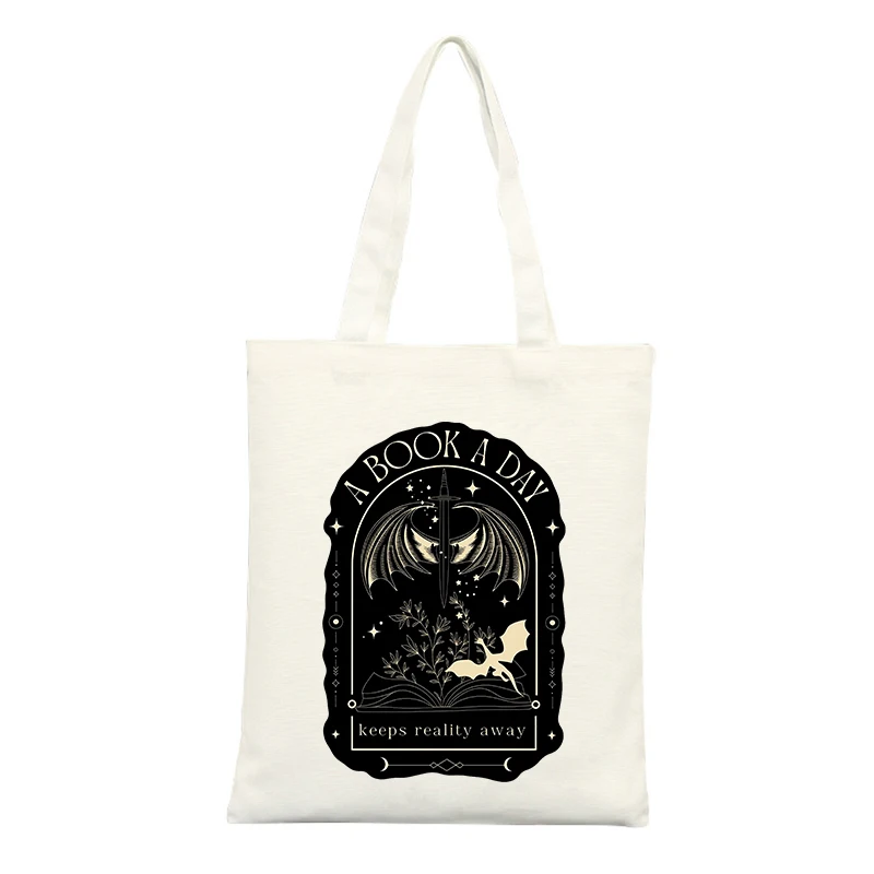 Women's Fantasy Creature Canvas Tote Bag with Typography Print, Ideal for Daily Reading and Casual Outings
