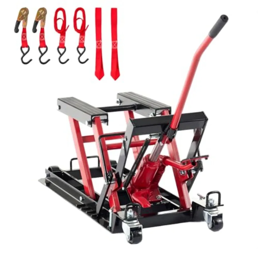 

Motorcycle lift jack for garage use, heavy-duty steel, red/black, 1500 LBS capacity with wheels, handle, foot pedal, tie-down s