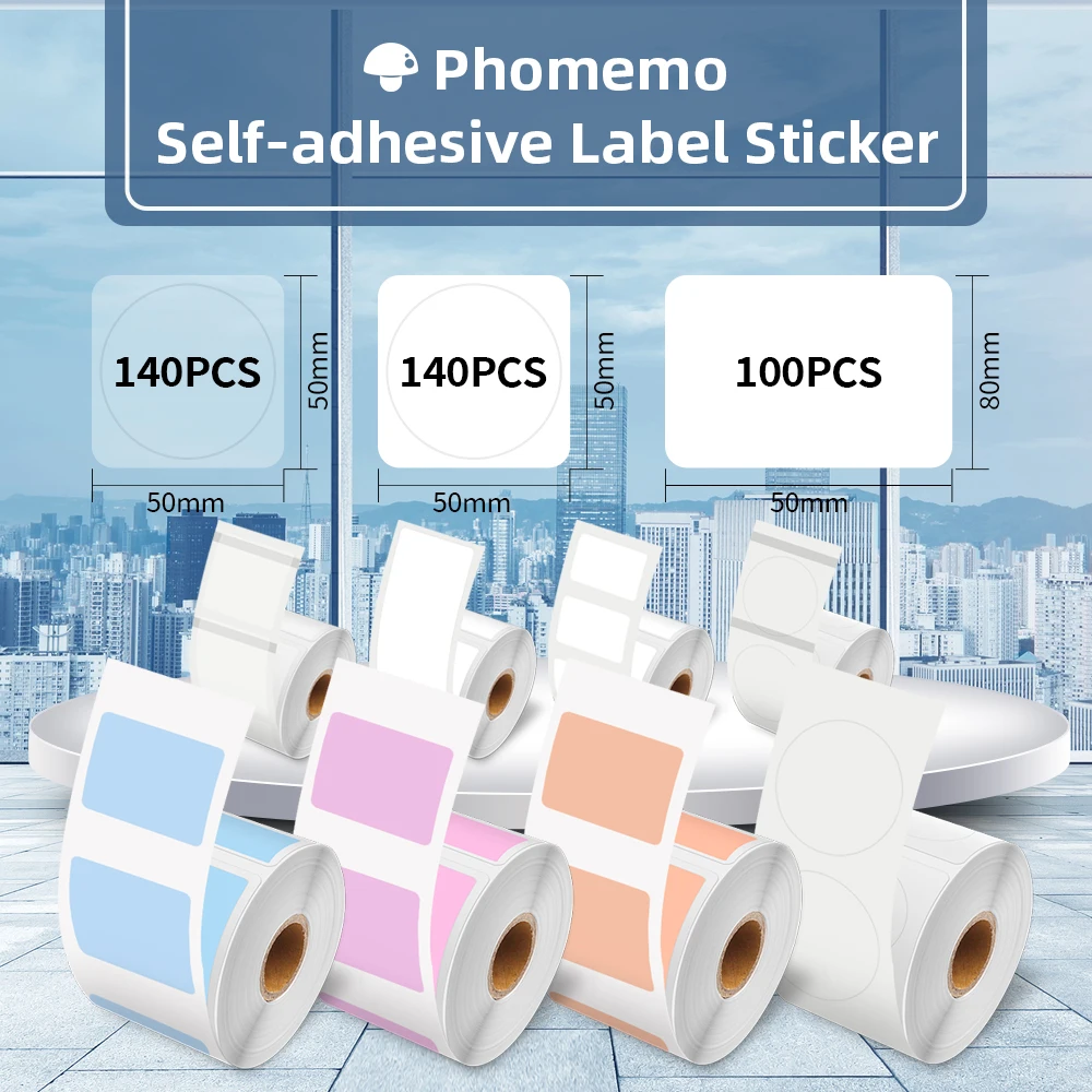 Phomemo Self-Adhesive Sticker for M110/M200 Portable Label Printer Transparent Round Square Barcode Business Tag Sticky Notes