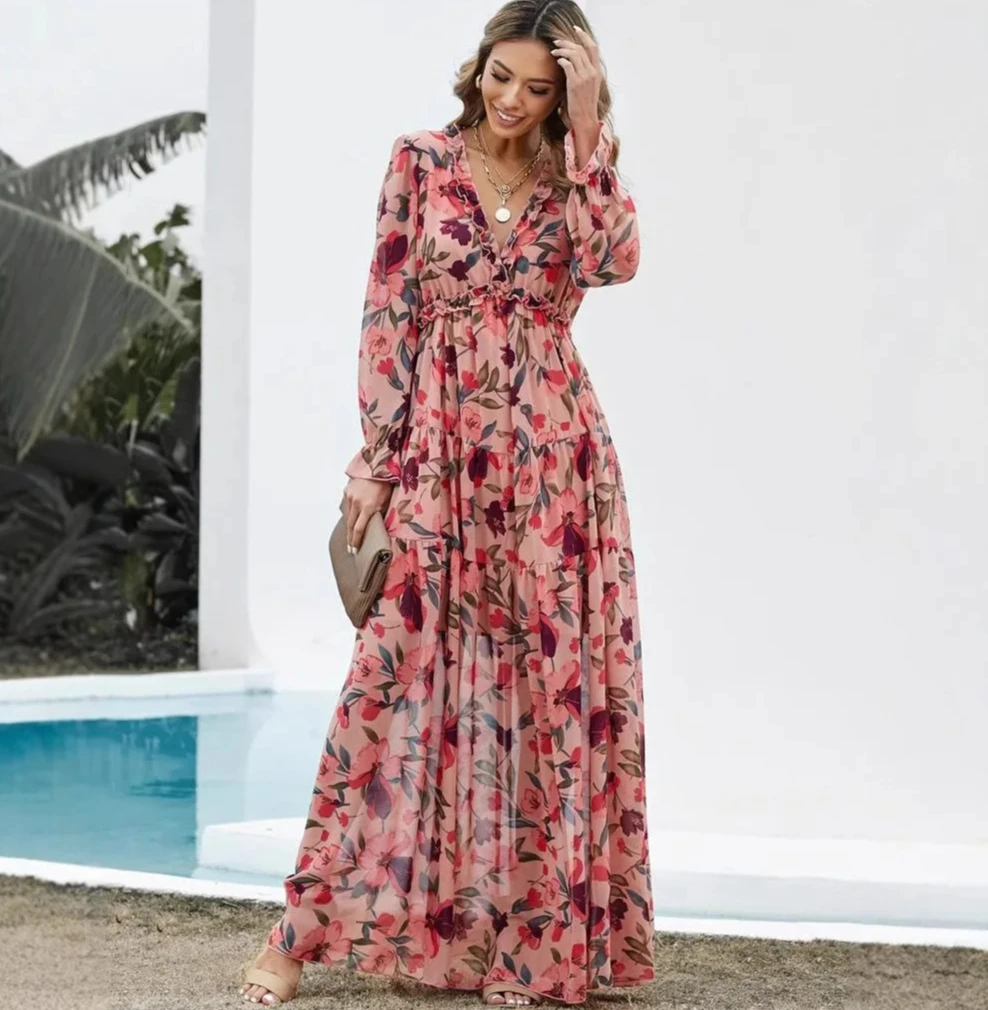 Abiti estivi con scollo a V stampati di nuova moda per le donne Streetwear Trend Elegante abito lungo da fata a maniche lunghe Abbigliamento femminile