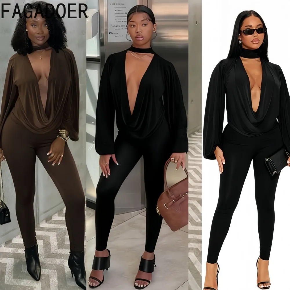 

FAGADOER Sexy 2 Pieces Set for Woman Outfits Solid Color Deep V-neck Crop Top and Pants Suits Female Streetwear Clothing 2025