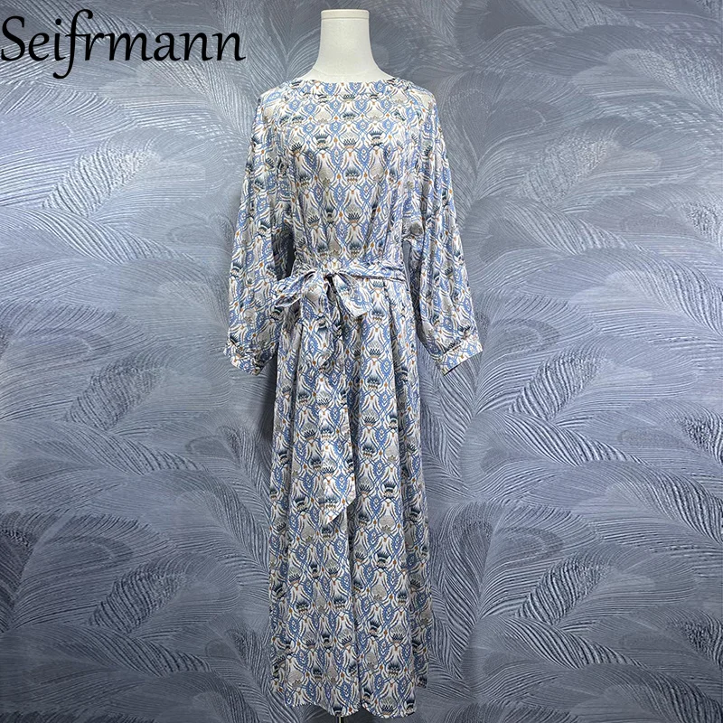 

Seifrmann Elegant Women's Party Dress Lantern Sleeved Print Lace-up Slim Loose A Line Cotton Dresses