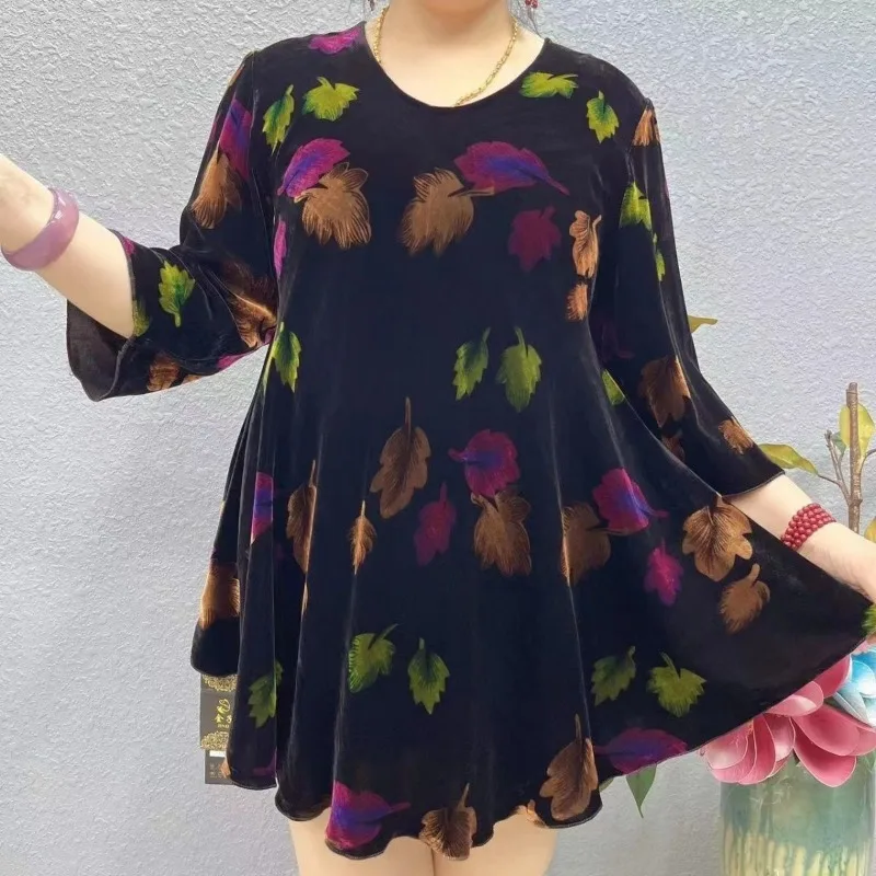 Ropa para mujer de mediana edad, camisetas de gran tamaño con estampado de volantes, cuello redondo informal, Tops de manga tres cuartos, otoño