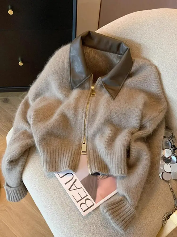 Women's Knitted Open Cardigan Double Zipper Collar Soft Cozy Sweater Outerwear Autumn Winter Fashion Korean Style Long S...