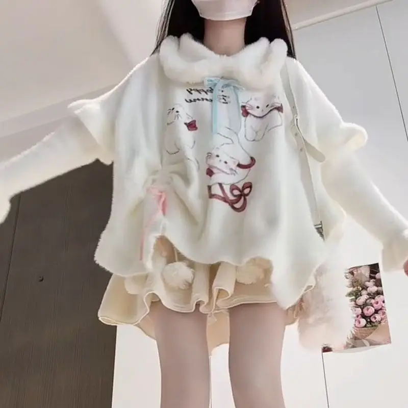 

Japan Sweet Printed Cute Cat Cape Sweater Loose Autumn And Winter Top New Imitation Mink Velvet Imitation Mink Velvet Sweater