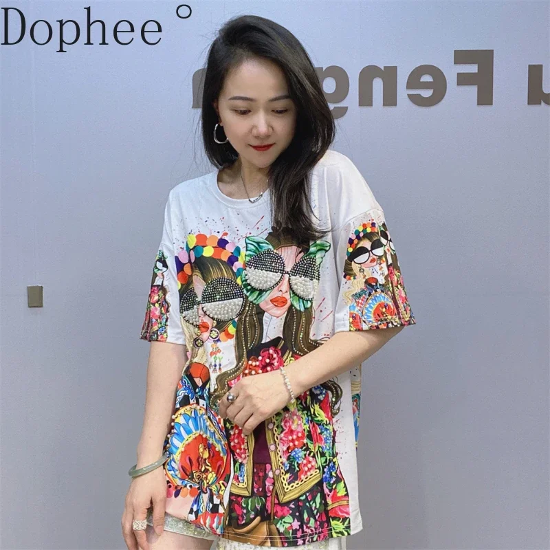 Colored Cartoon Printed Summer Women Short Sleeve T-shirt Diamonds Beads Loose O-neck Pullover Top All-match Casual T Shirt 2025