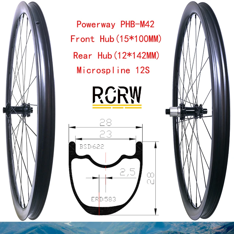 

29er MTB XC 28X28 Wheelset Carbon Rim Asymmetric Tapeless Wide 28 Deep 28 Powerway PHB-42 Hub Microspline MS 12S Pillar Wing20