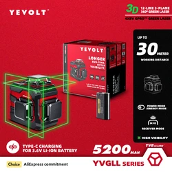 YEVOLT YVGLL4XS12PRO Green Laser Level 3-Plane 12-Line Self-leveling 360 3D Horizontal & Vertical 3.6V 5.2Ah Power Tools