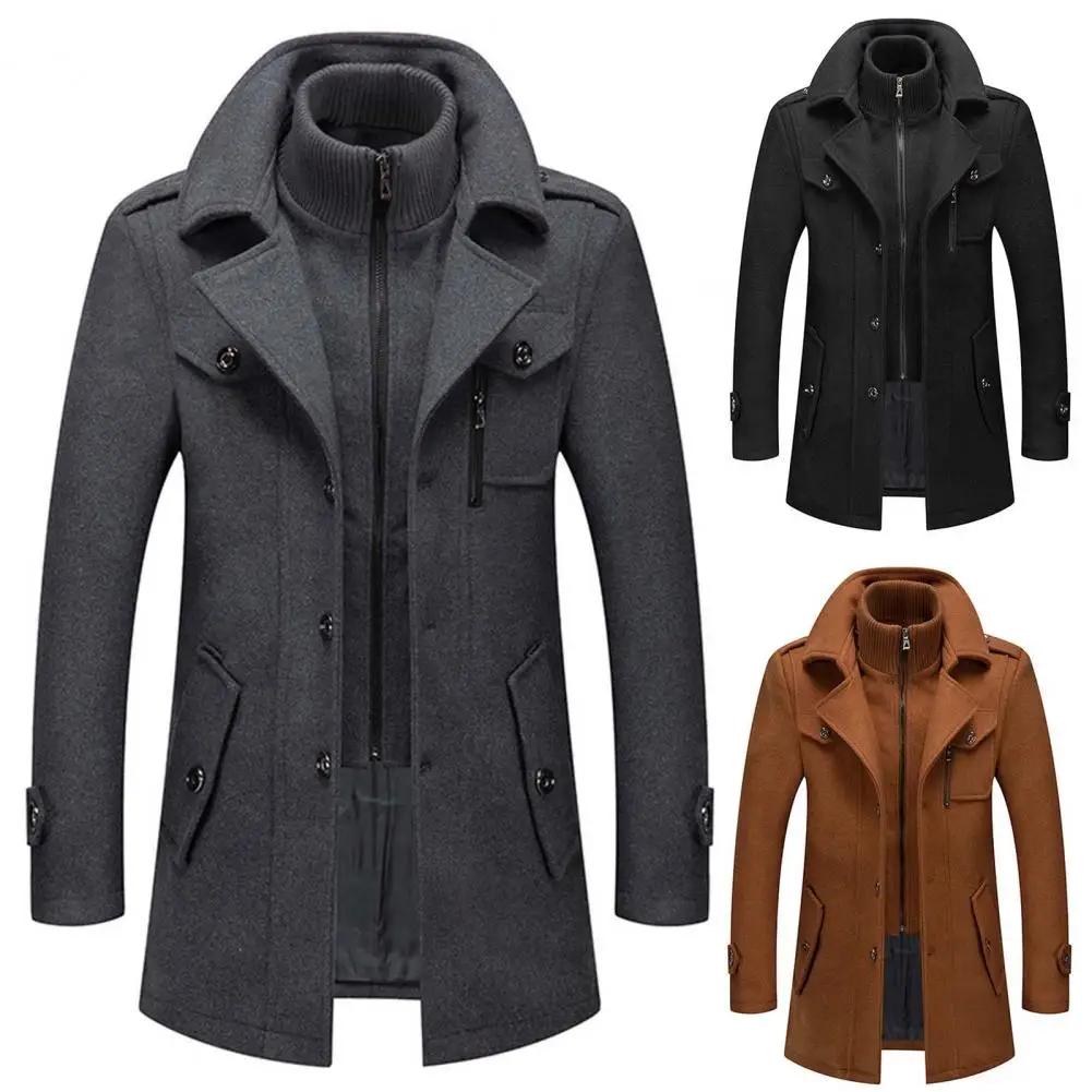 Autumn And Winter Men's Business Woolen Coat Jacket Solid Color Fake Two Zipper Button Coat Thickened Medium Long Woolen Windbre