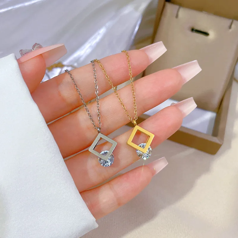 Personality Gold Color Stainless Steel Geometry Crystal Pendant Necklaces for Women Charm Square Collar Jewelry Gift Colorfast