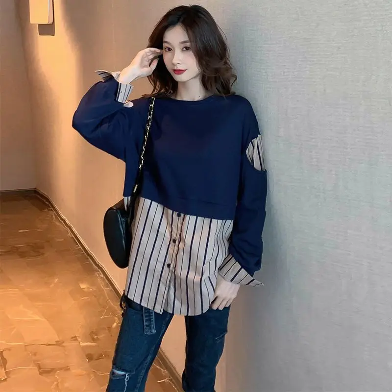 Fashion O-Neck Spliced Striped Fake Two Pieces Blouses Women\'s Clothing 2024 Spring New Loose Casual Tops Asymmetrical Shirts