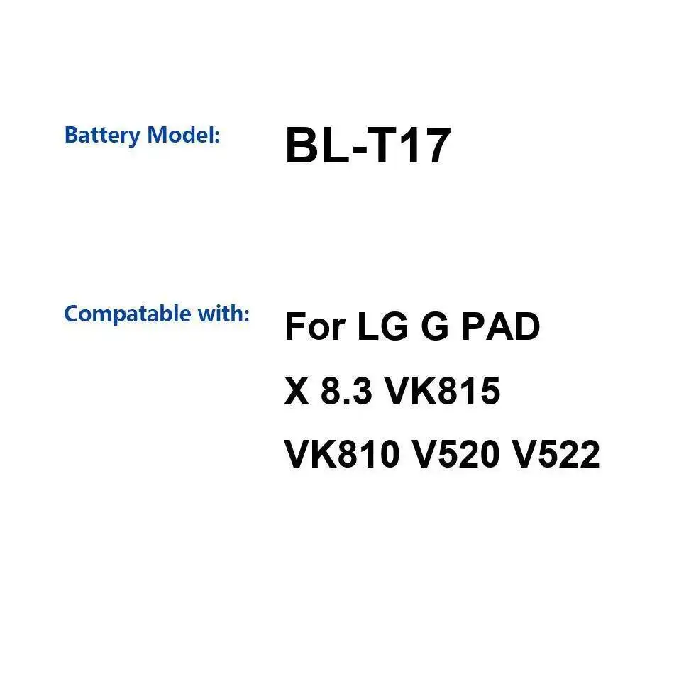 

Надежный источник питания, долговечный аккумулятор для планшета 4800 мАч для LG G Pad X 8,3 VK815 VK810 V520 V522 BL-T17