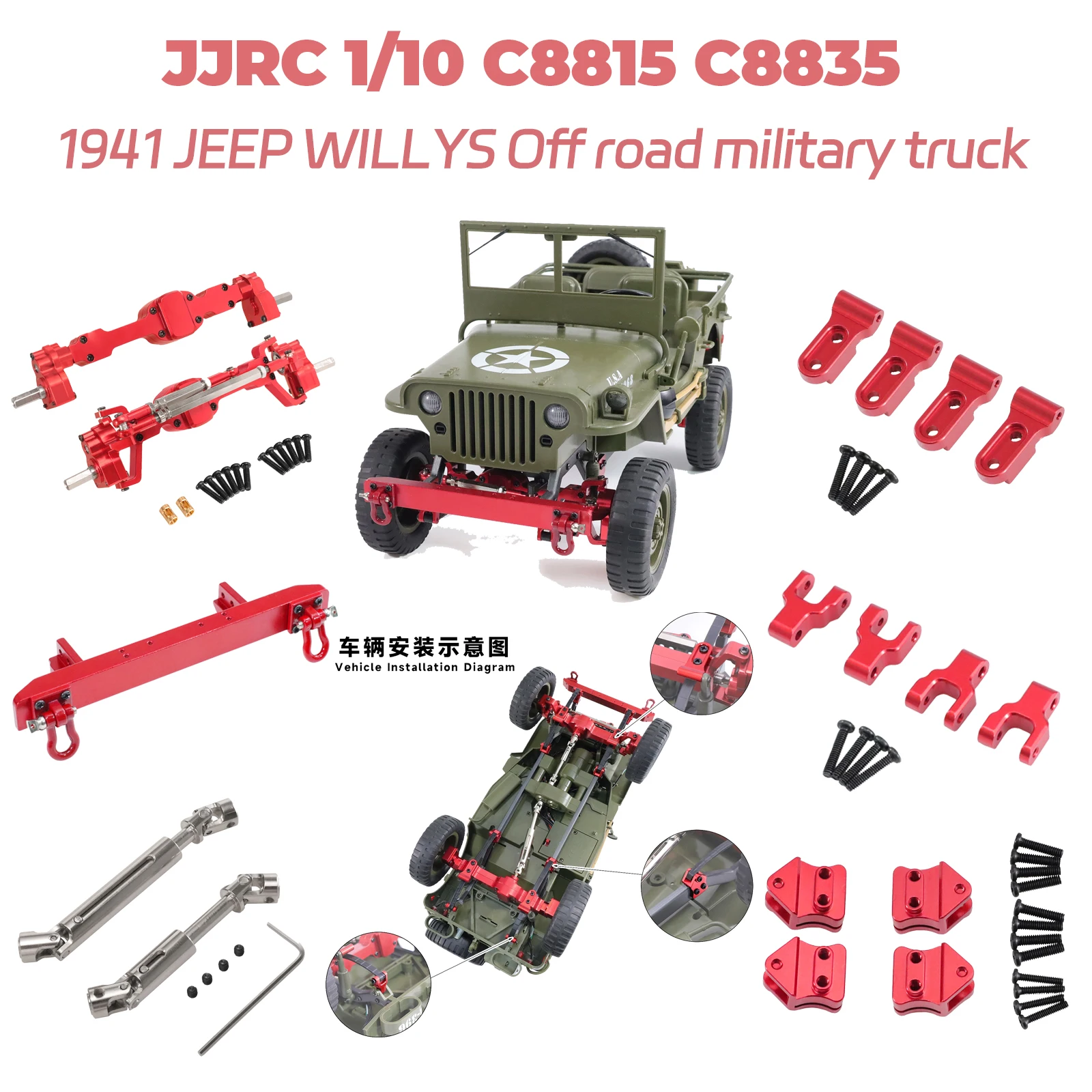 

For JJRC 1/10 C8815 C8835 Willis retro military jeep military card RC car accessory Metal modification upgrade accessories