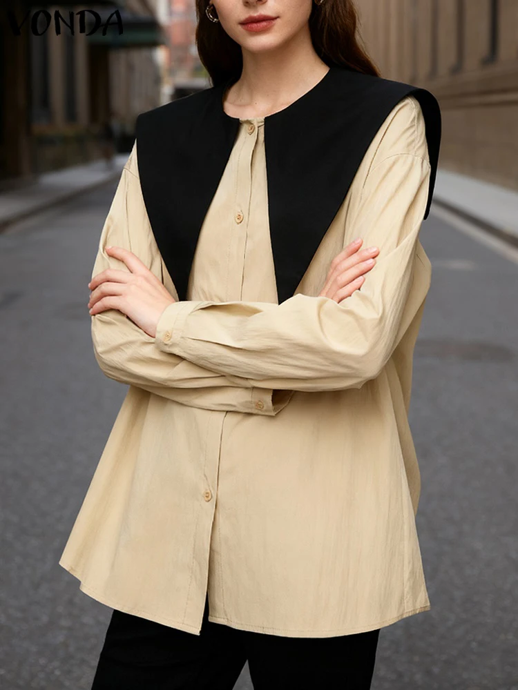 

VONDA Fashion Color Patchwork Shirts Women 2025 Autumn Long Sleeve Lapel Elegant Office Lady Blouse Casual Tops Tunic Blusas