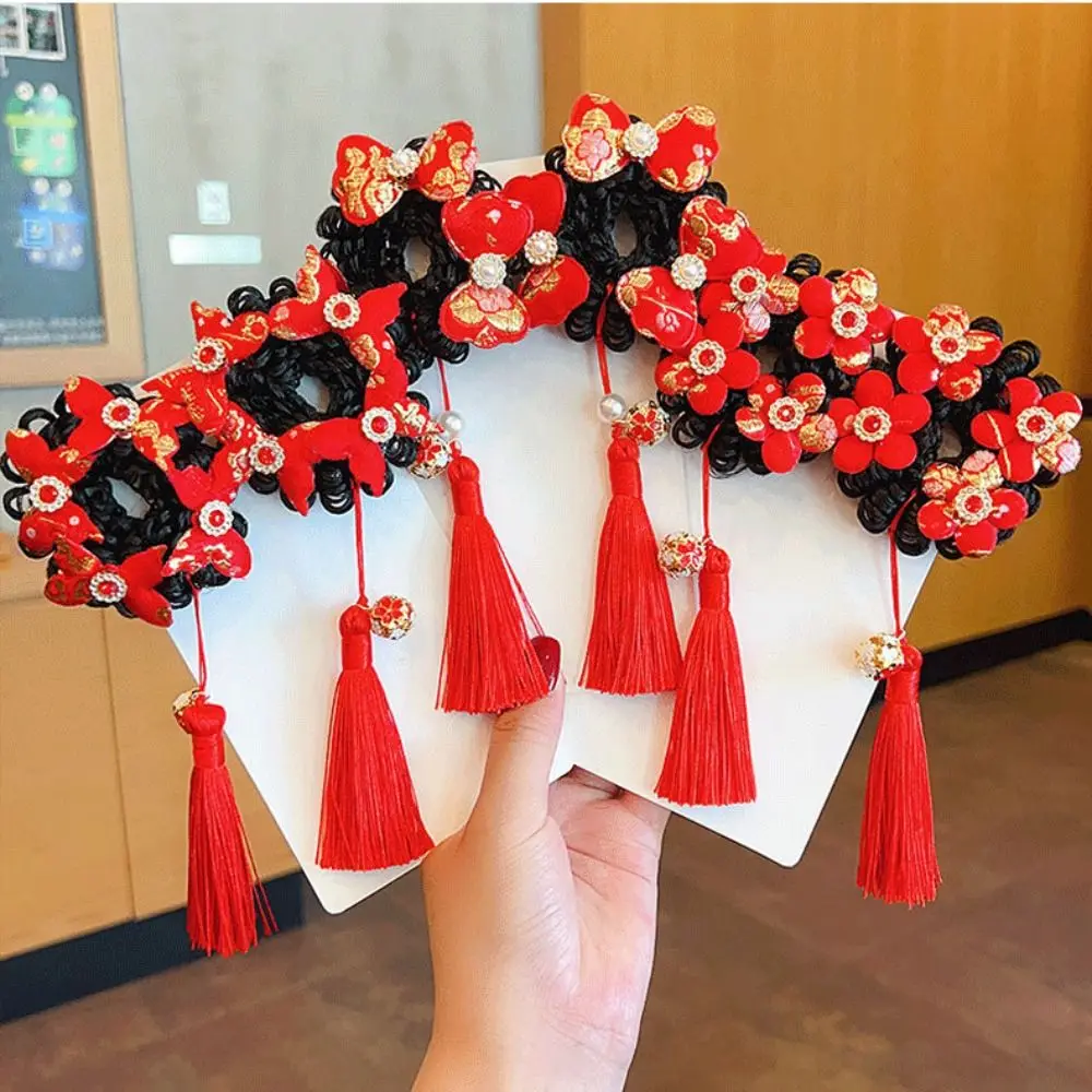 

Tassel Bow Wig Braid Hair Rope Flower Cloth Children Hanfu Hair Ring Elastic Hairbands Ancient Headwear