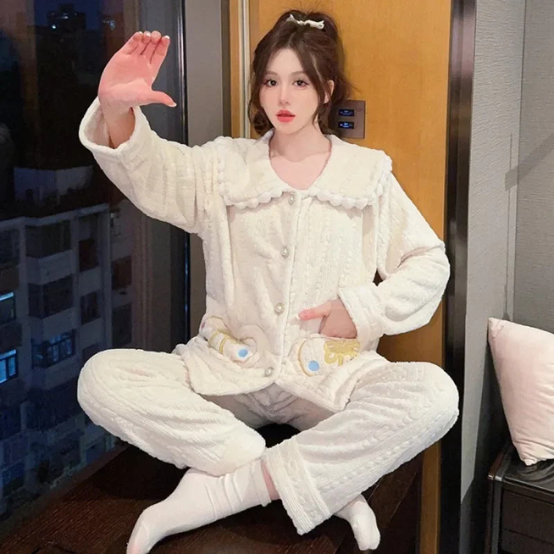 Big Size M-5XL Women Flannel Pajama Set Autumn and Winter Warm Sleepwear Long Sleeve Cardigan Trouser Suit  Home Clothes Outwear